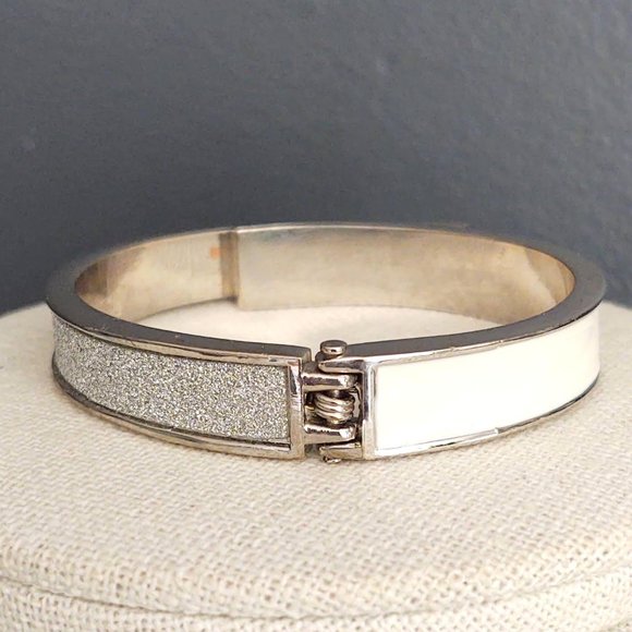 Silver sparkle and creamy white enamel bangle - Picture 6 of 13